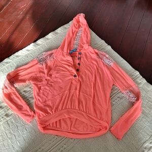 Free People Fishnet Holographic Rainbow Lace Cropped Hoodie size XS/S Neon Coral